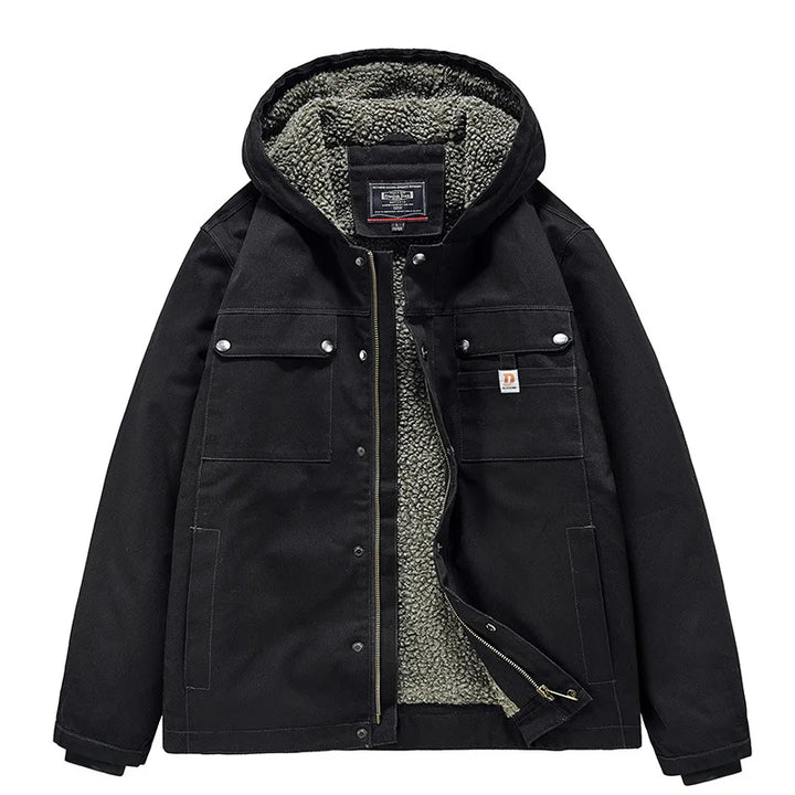 Black hooded work jacket with fuzzy gray lining, zippered front, snap buttons, and four front pockets.