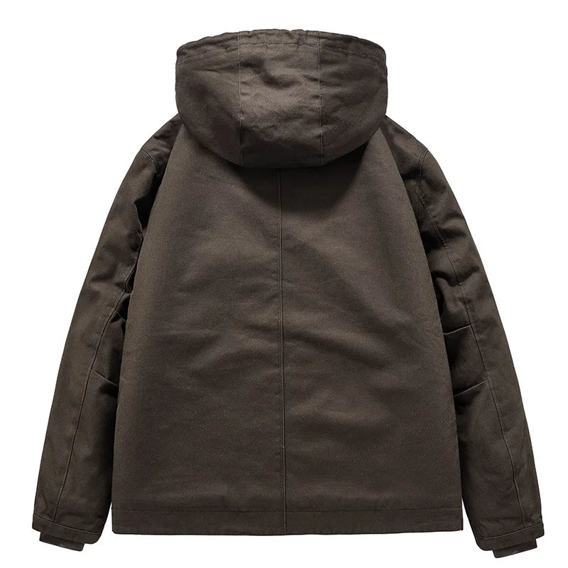 Back view of a dark brown hooded jacket with prominent stitching and a subtle texture, against a white background.