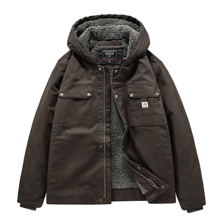 Dark brown hooded jacket with a fluffy gray lining, visible front zipper, snaps, and four functional pockets.
