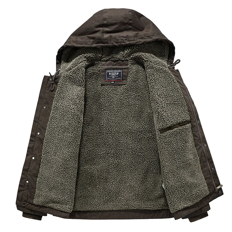 Dark brown jacket laid open, revealing a thick grey sherpa fleece lining and an inner pocket.