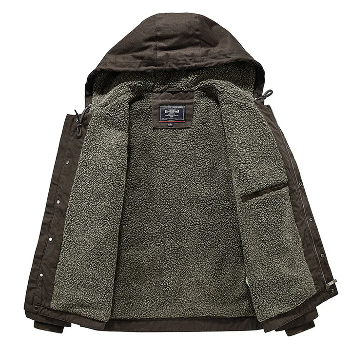 Dark brown jacket laid open, revealing a thick grey sherpa fleece lining and an inner pocket.