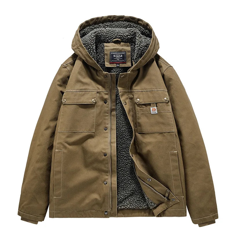 Khaki light brown cargo utility jacket with a gray fleece-lined hood, four front flap pockets, and snap button closures on a white background.