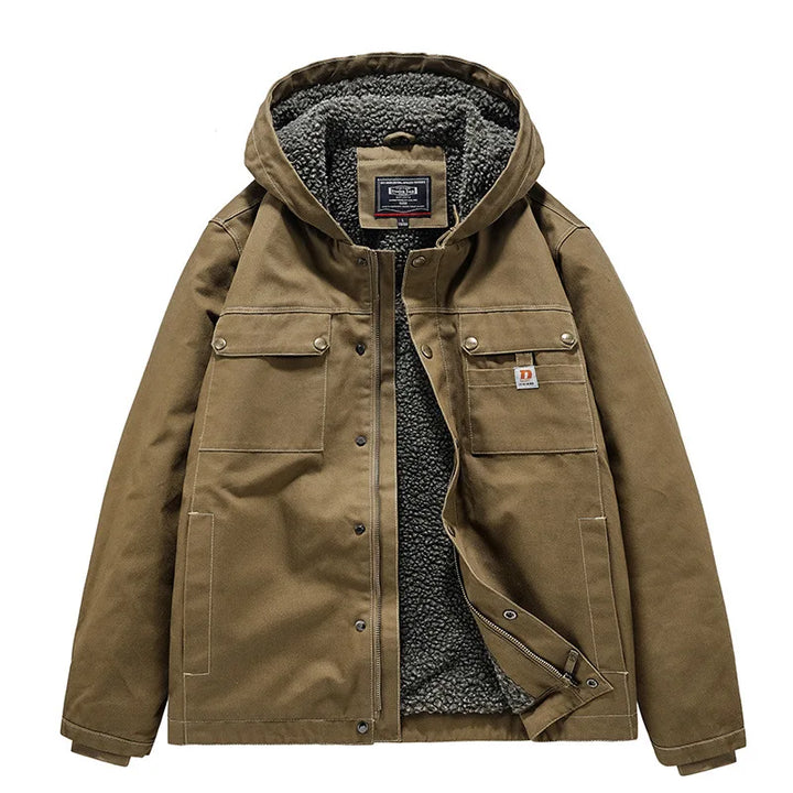Khaki light brown cargo utility jacket with a gray fleece-lined hood, four front flap pockets, and snap button closures on a white background.