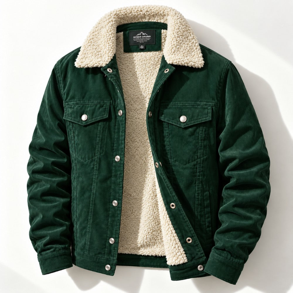A dark green corduroy jacket with a cream sherpa fleece collar and lining, displayed flat against a white background.