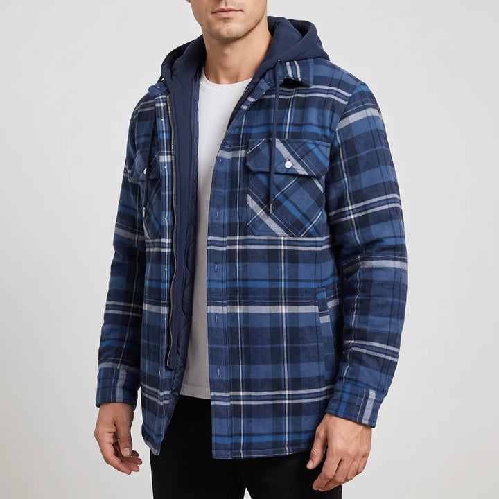 Navy vest on an off-gray studio background