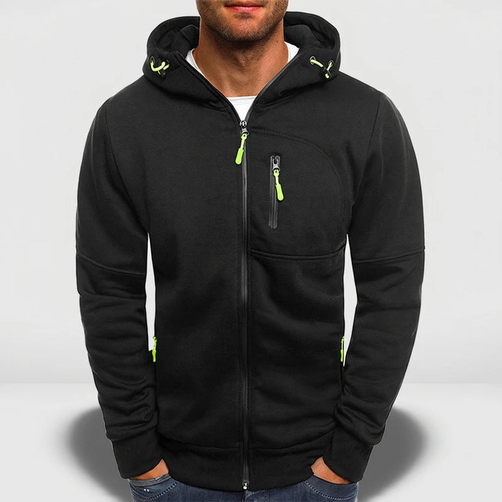 Black fleece hoodie on an off-gray studio background