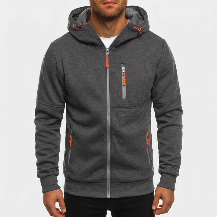 Dark Gray fleece hoodie on an off-gray studio background
