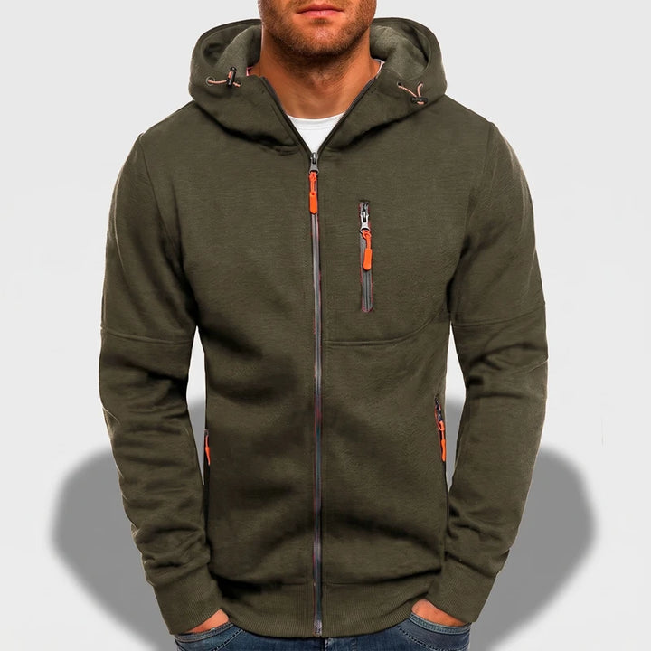 Green fleece hoodie on an off-gray studio background
