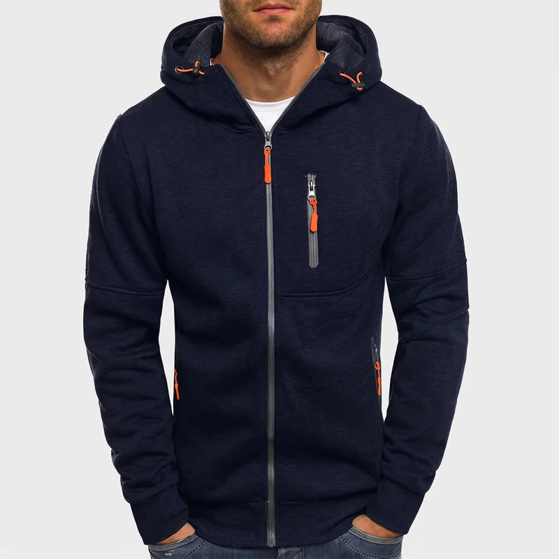 Navy fleece hoodie on an off-gray studio background