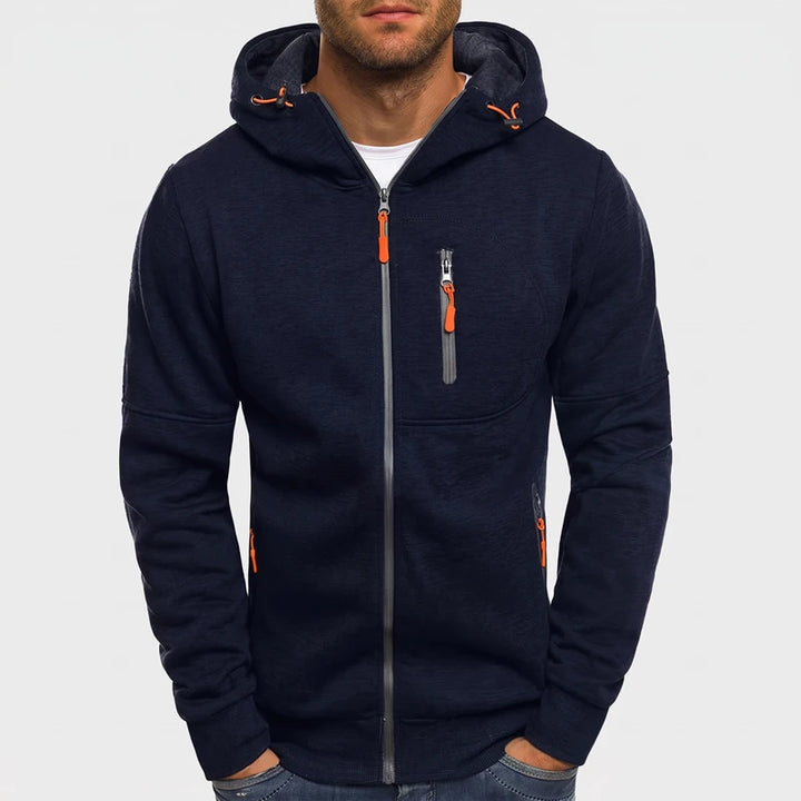 Navy fleece hoodie on an off-gray studio background