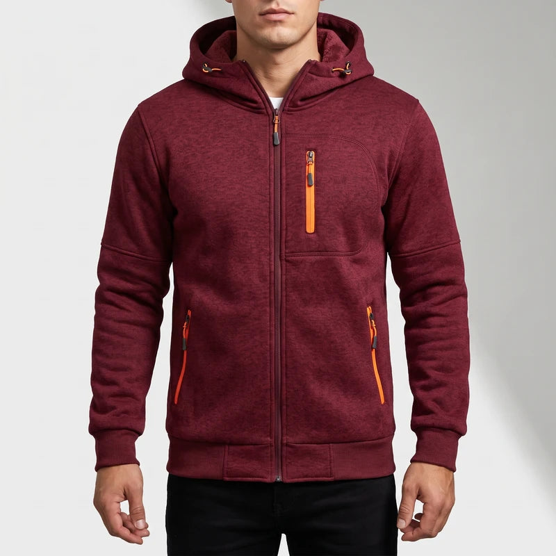 Red fleece hoodie on an off-gray studio background