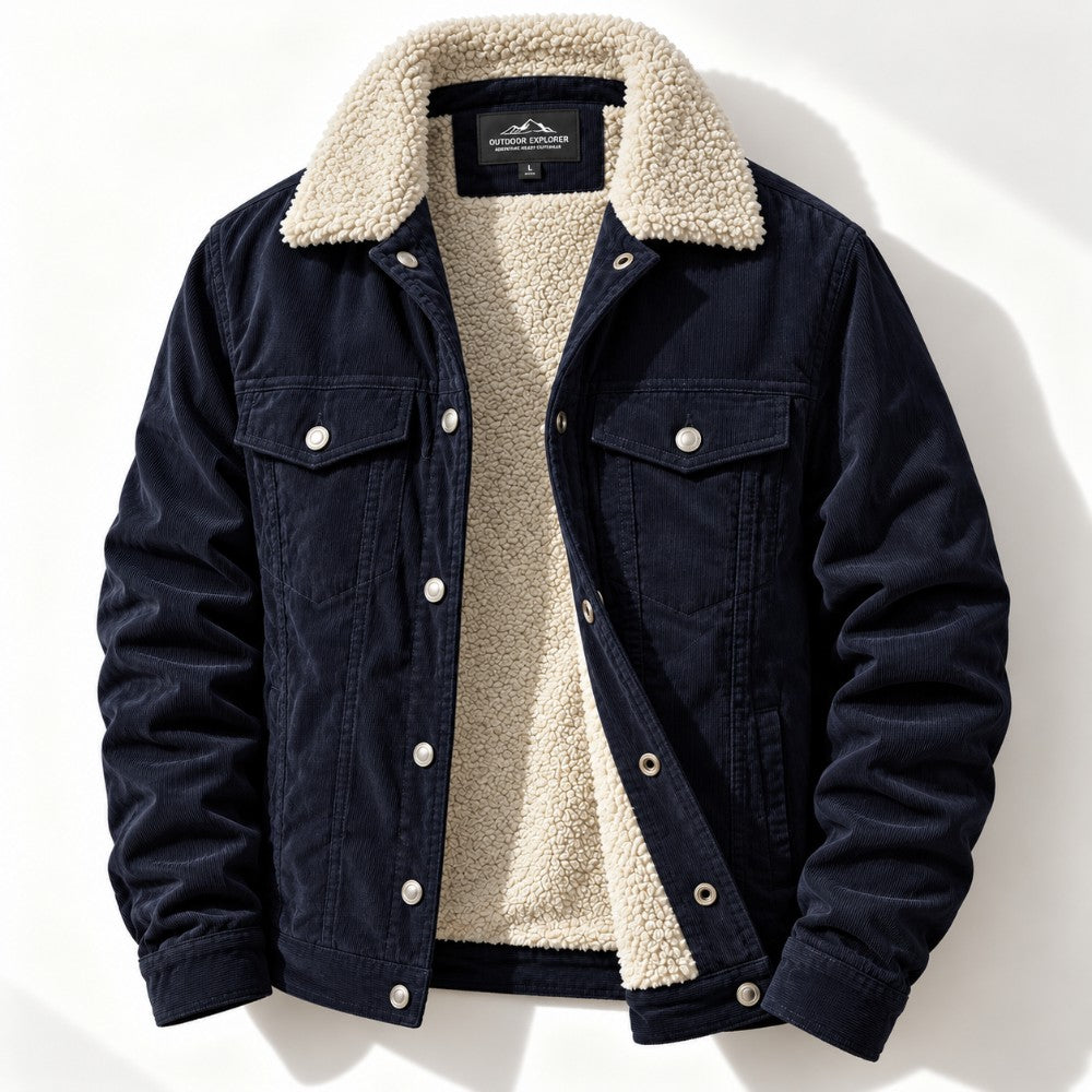 A men's navy blue corduroy jacket with a thick beige sherpa fleece lining, featuring a button-up front, chest flap pockets, and a ribbed hem and cuffs, shown against a white background with a soft shadow.