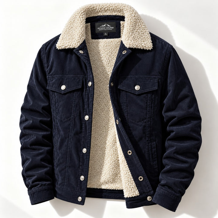 A men's navy blue corduroy jacket with a thick beige sherpa fleece lining, featuring a button-up front, chest flap pockets, and a ribbed hem and cuffs, shown against a white background with a soft shadow.