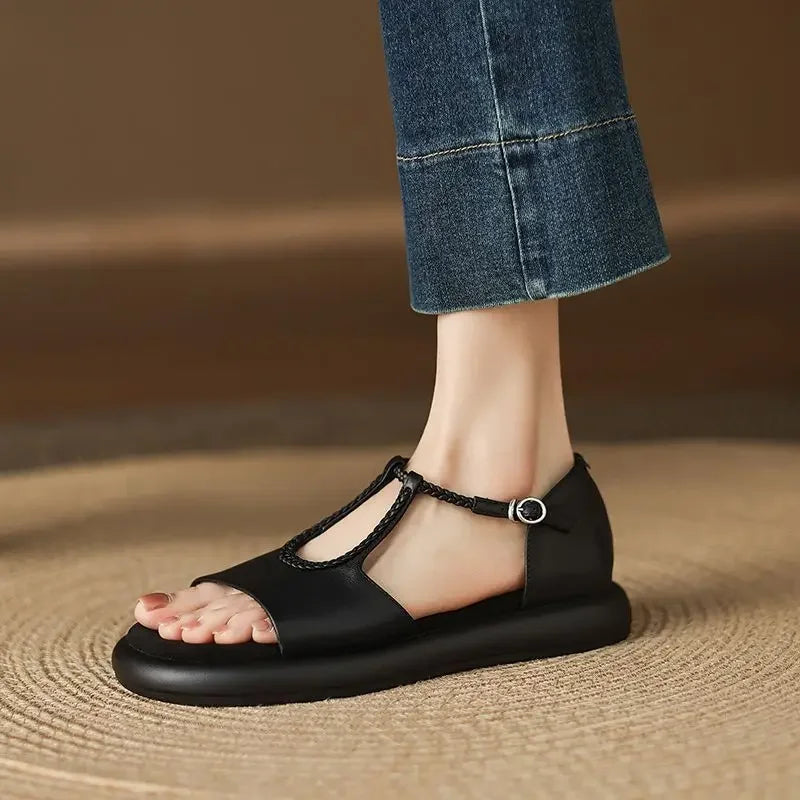Sienna Woven Leather T-Strap Sandals