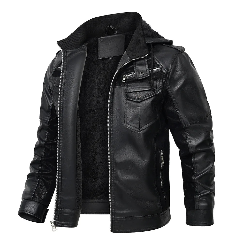 Maverick Men's Fleece Lined Leather Hooded Jacket