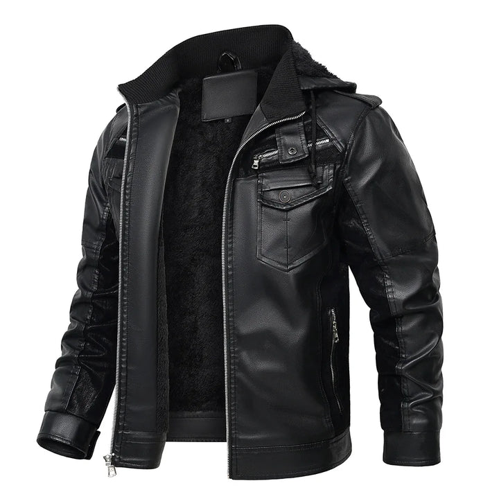 Maverick Men's Fleece Lined Leather Hooded Jacket