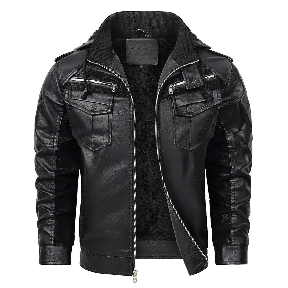 Maverick Men's Fleece Lined Leather Hooded Jacket