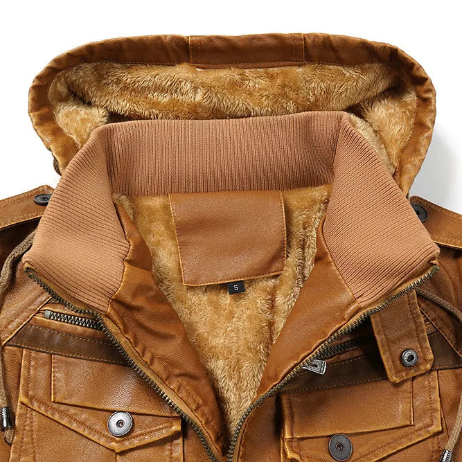 Maverick Men's Fleece Lined Leather Hooded Jacket