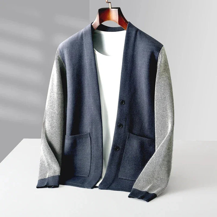 Rowan Merino Cardigan featuring soft merino wool, ribbed contrast sleeves, and a clean button-front design