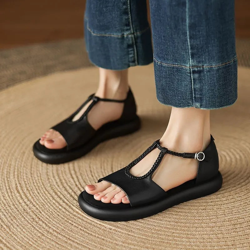 Sienna Woven Leather T-Strap Sandals