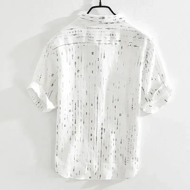 Back view of Baxton Casual Button-Up Shirt featuring a vertical print and relaxed fit, ideal for warm weather.
