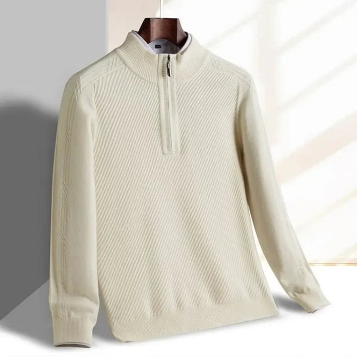 Windsor Quarter-Zip knitted sweater in cream with textured diagonal pattern and tailored slim-fit design