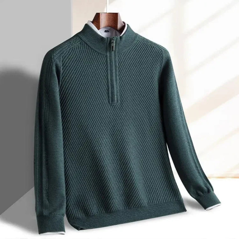 Windsor Quarter-Zip knitted sweater in green, featuring textured diagonal pattern and tailored slim-fit design.