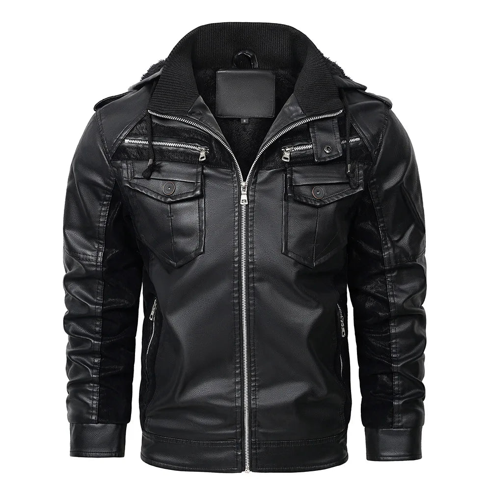 Maverick Men's Fleece Lined Leather Hooded Jacket