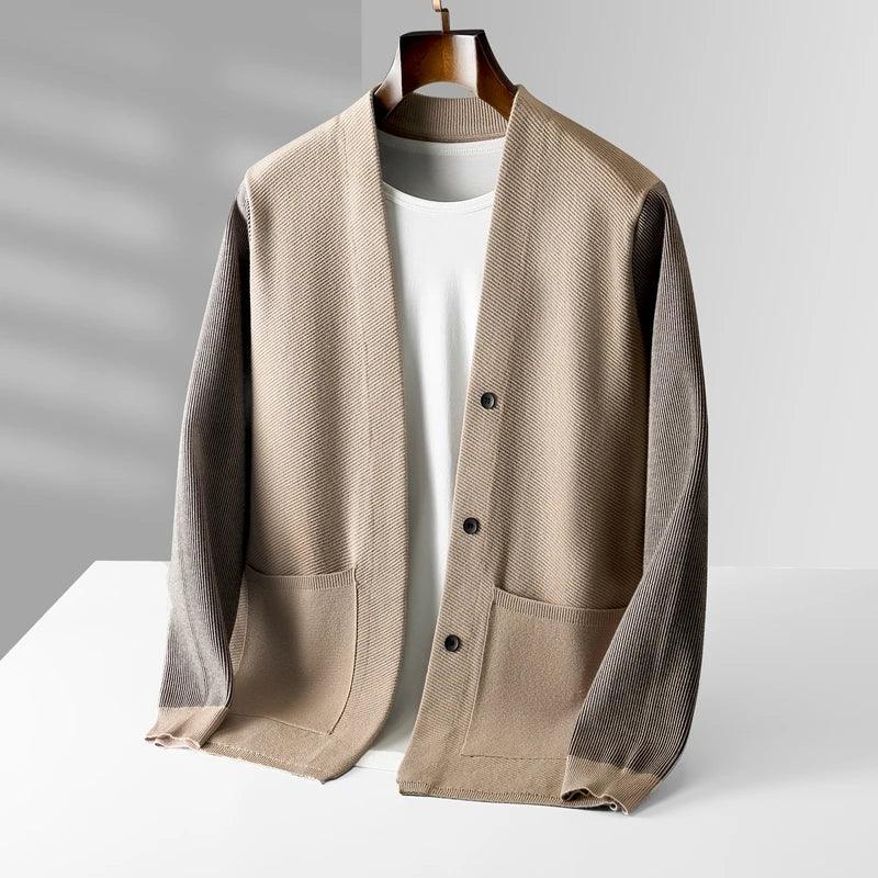 Rowan Merino Cardigan in tan with ribbed contrast sleeves and button-front design, ideal for all-day comfort.