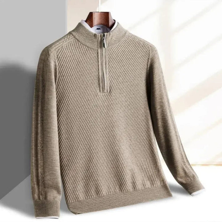 Windsor Quarter-Zip knitted sweater in beige with textured diagonal pattern, offering warmth, comfort, and a tailored slim fit.