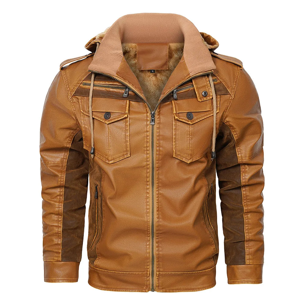 Maverick Men's Fleece Lined Leather Hooded Jacket