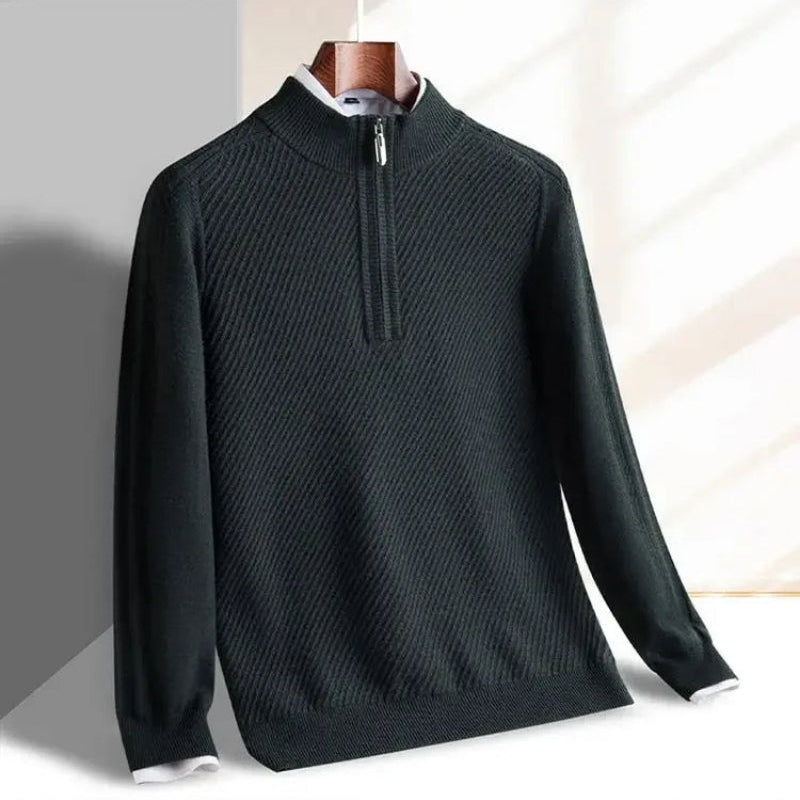 Windsor Quarter-Zip knitted sweater in dark green with textured diagonal pattern and tailored slim-fit design.