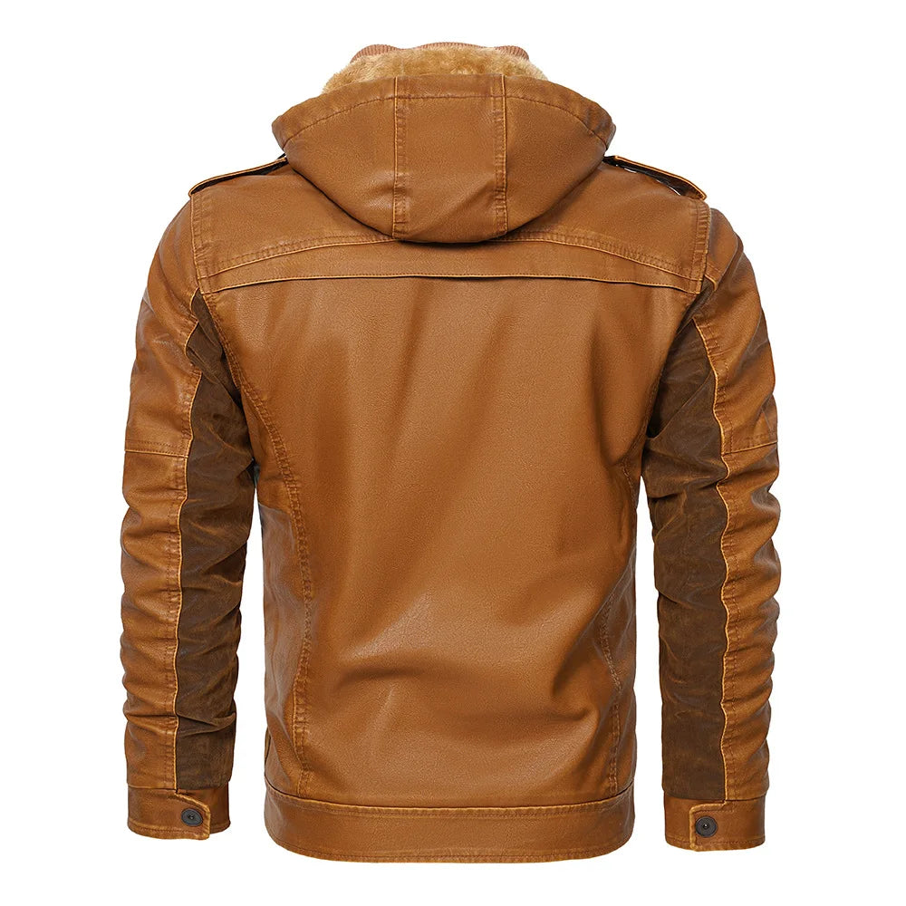 Maverick Men's Fleece Lined Leather Hooded Jacket