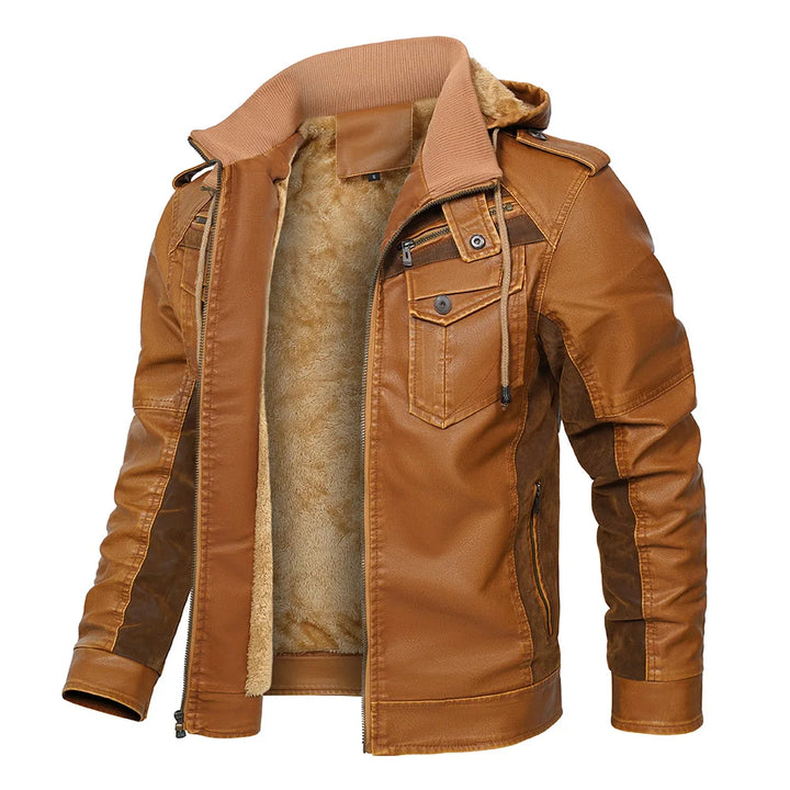 Maverick Men's Fleece Lined Leather Hooded Jacket