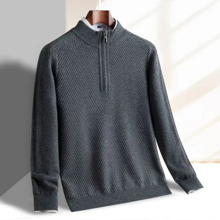 Windsor Quarter-Zip grey knitted sweater with textured diagonal pattern and tailored slim-fit design.