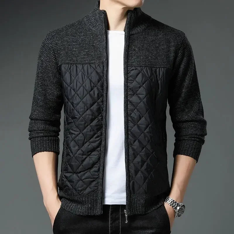 Men's Monarch Quilted Zip-Up cardigan with textured knit sleeves and a quilted front design, offering comfort and style.
