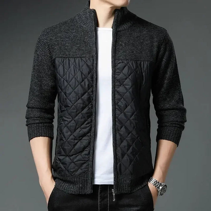 Men's Monarch Quilted Zip-Up cardigan with textured knit sleeves and a quilted front design, offering comfort and style.