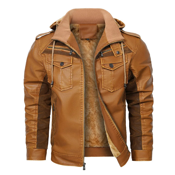Maverick Men's Fleece Lined Leather Hooded Jacket