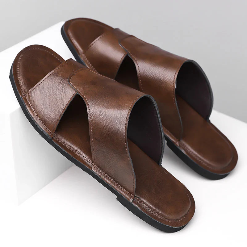 Beckett Brown Leather Slides