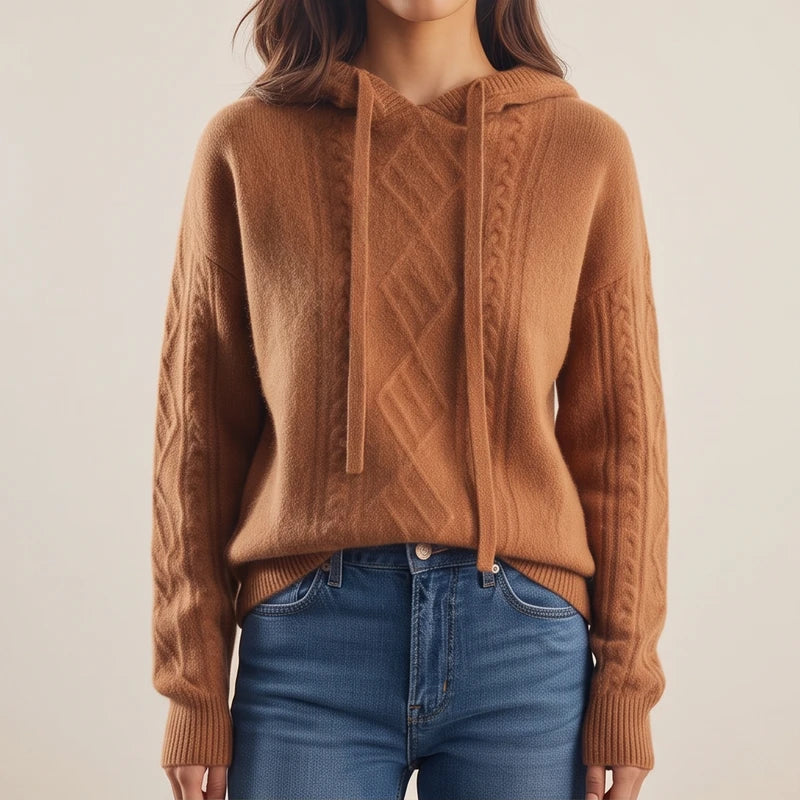 Model wearing Brown knit sweater in a studio