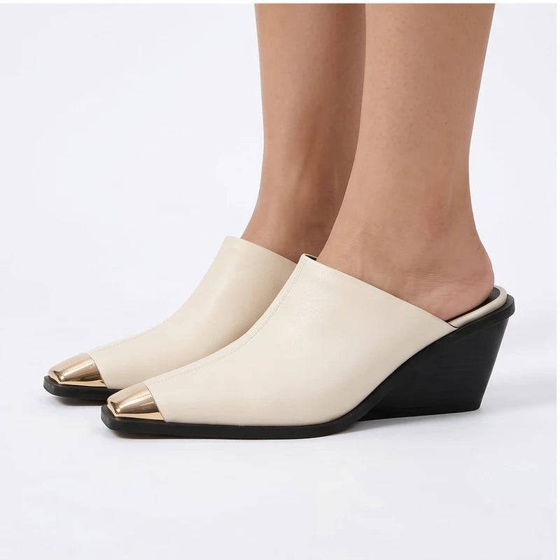 Model wearing White Bardot Genuine Leather Square Toe Mules in studio - 3