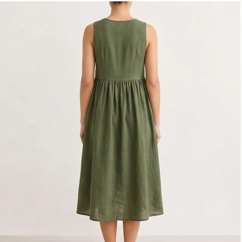 Model wearing Green Mira Sleeveless Linen Dress in studio - 3