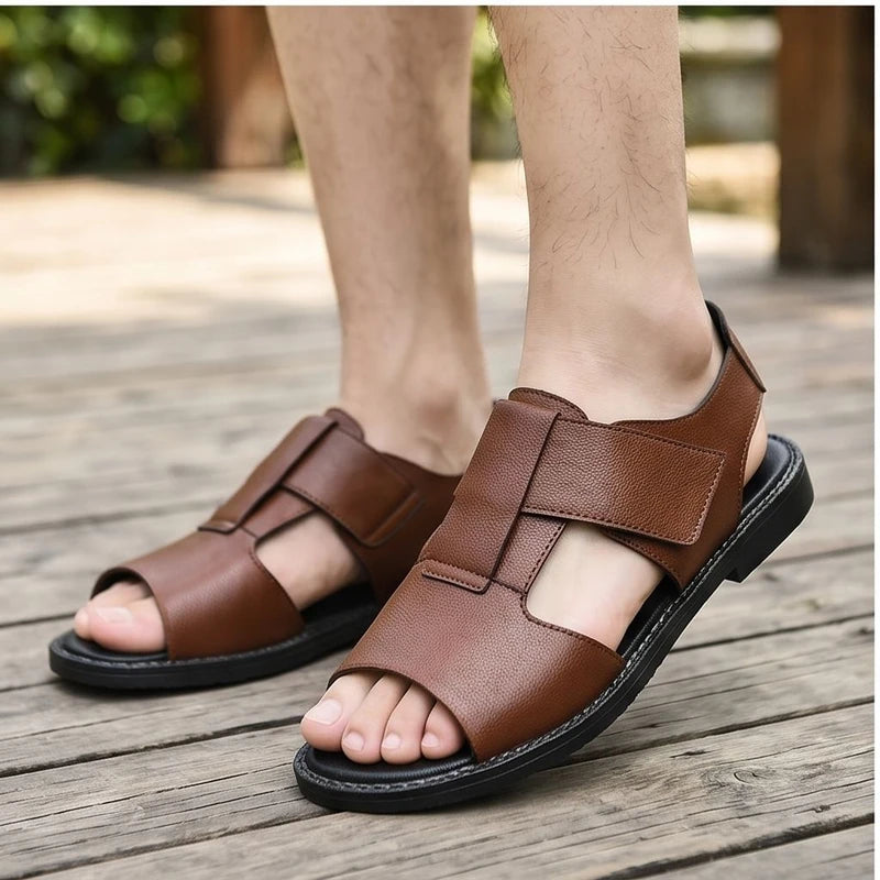 Model wearing Brown Kestrel Genuine Leather Gladiator Sandals outdoors - 3