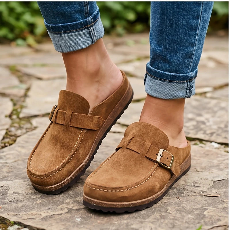 Model wearing Khaki 2026 New Women's Shoes Slip on Female Flats Durable Belt Buckles Mules Fashion Wear Resistant Women Half Slippers Retro Zapatos outdoors - 3