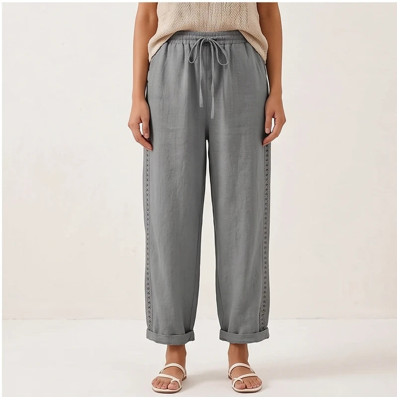 Model wearing Gray Lennox Straight-Leg Linen Drawstring Pants in studio - 3