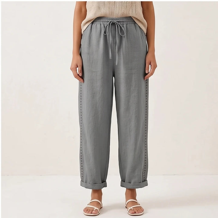 Model wearing Gray Lennox Straight-Leg Linen Drawstring Pants in studio - 3