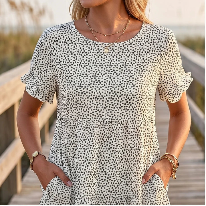 Model wearing White Dotted Mini A-Line Sundress with Short Sleeves outdoors
