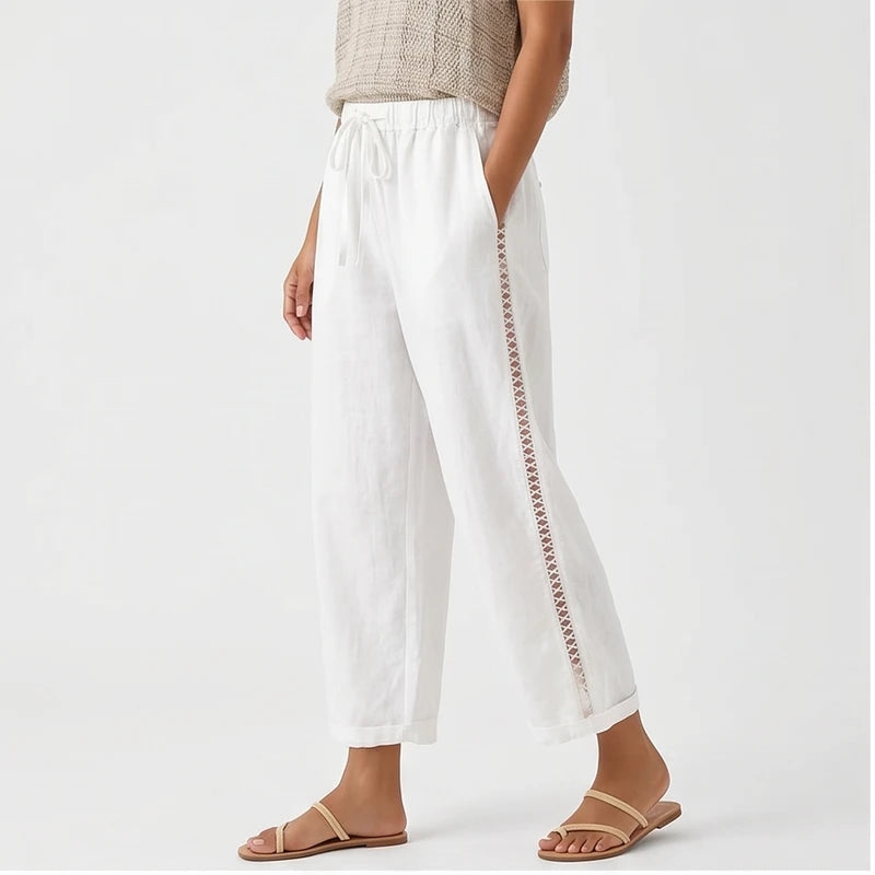 Model wearing WHITE Wide Leg Pants Women Casual Straight Ankle Length Trousers High Waist Elastic Waist Lace Up Pockets Slacks 2025 Streetwear in studio