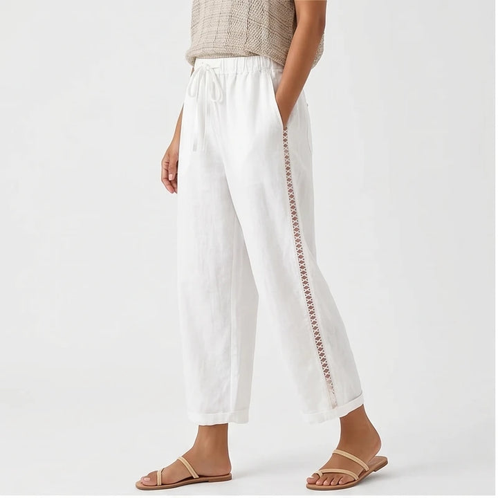 Model wearing WHITE Wide Leg Pants Women Casual Straight Ankle Length Trousers High Waist Elastic Waist Lace Up Pockets Slacks 2025 Streetwear in studio