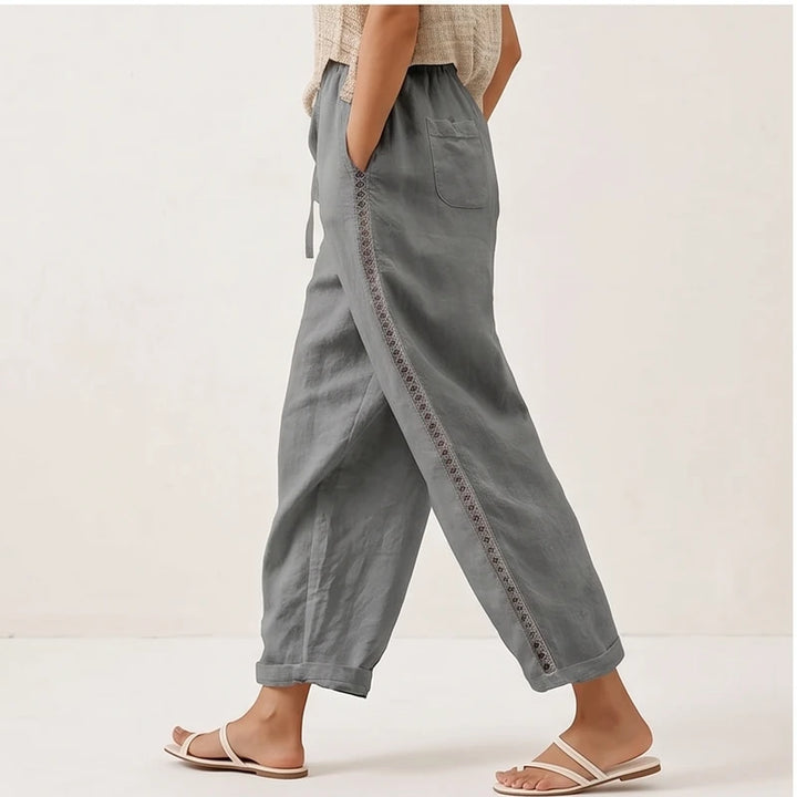 Model wearing Gray Lennox Straight-Leg Linen Drawstring Pants in studio - 2
